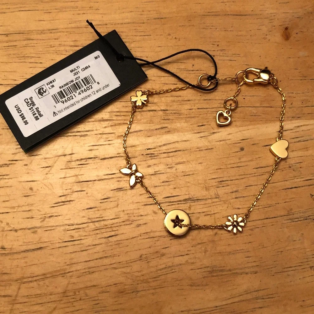 Kate Spade Gold Tone Rainbow Joy Charm Bracelet Heart, Flower, Clover NWT - Picture 7 of 12
